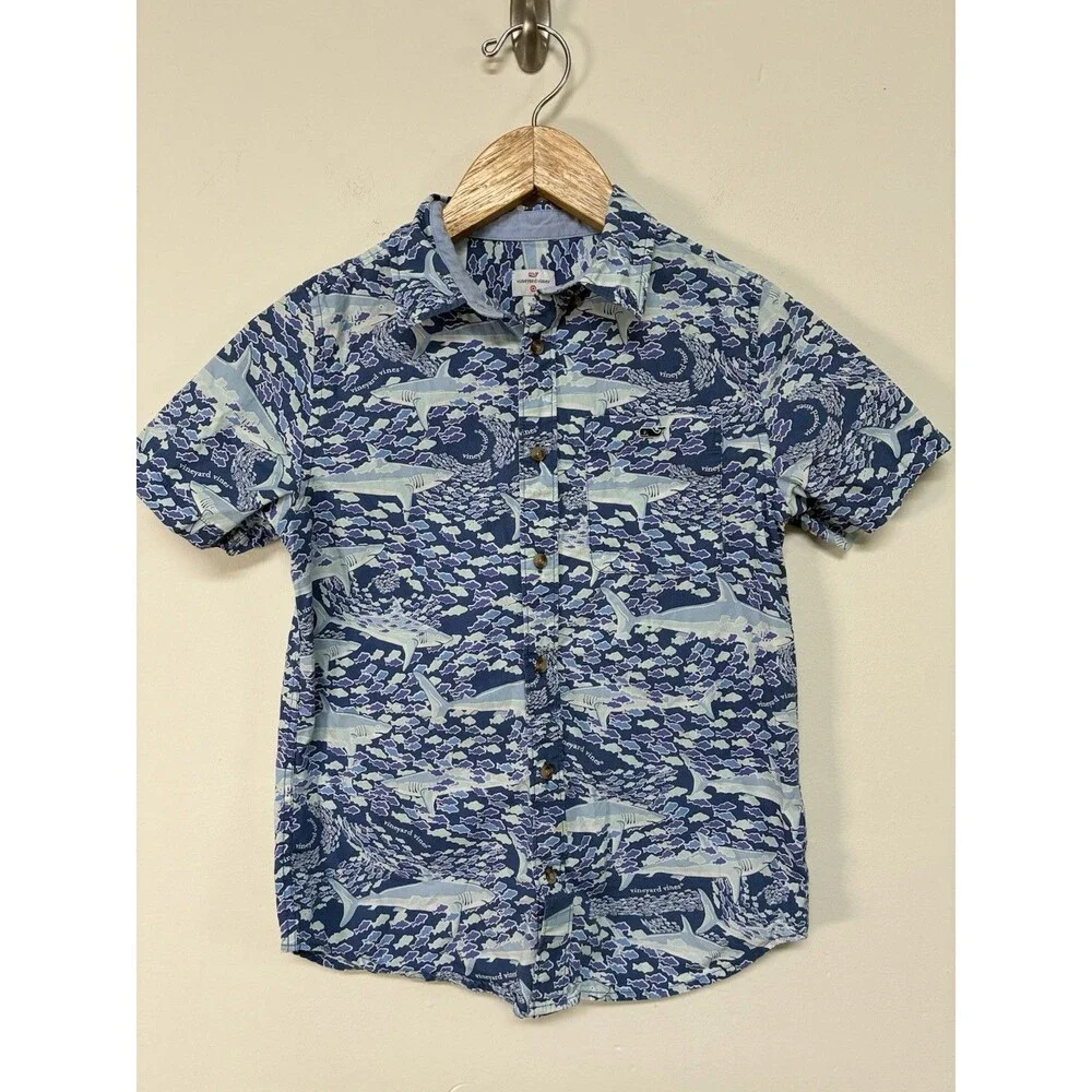 Vineyard Vines Boys Sz Medium 8/10 Collard Button Up With Sharks & Fish